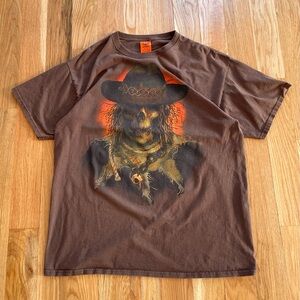 Vintage Y2K Happy Halloween Cowboy Skeleton Horror Graphic T Shirt Brown Large